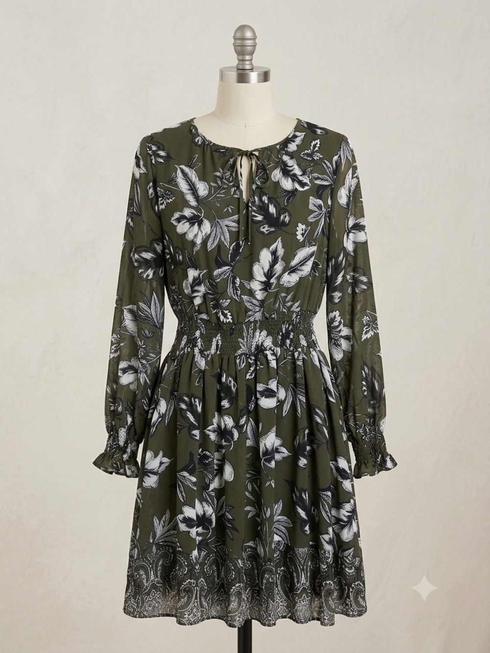 dip Olive Green Floral Long Sleeve Smocked Waist Dress